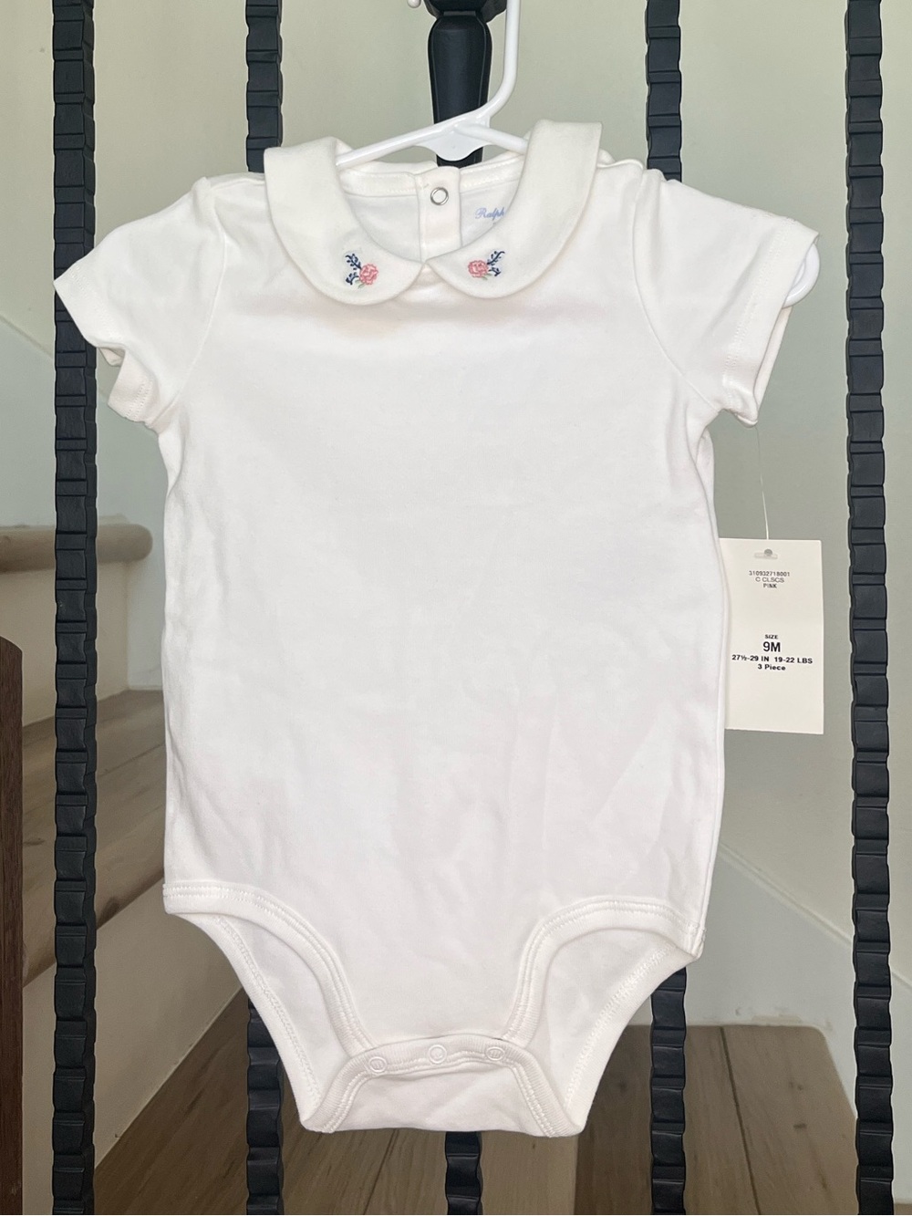 Ralph Lauren White Peter Pan Collar Bodysuit with Pink & Blue Floral Embroidery